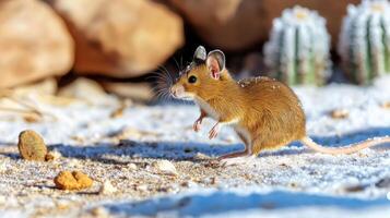 Mouse In Snowy Desert Environment With Cacti. Wildlife Adaptation In Harsh Climates photo