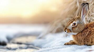 Rabbit Resting On Snowy Ground During Sunset. Winter Wildlife Scene With Serene Atmosphere photo