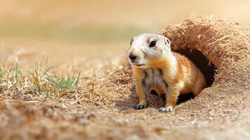 Prairie Dog Emerging From Burrow In Natural Habitat. Wildlife And Nature Exploration photo
