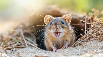 Mouse Emerging From Burrow In Natural Habitat. Wildlife Photography Capturing Curious Rodent Behavior photo