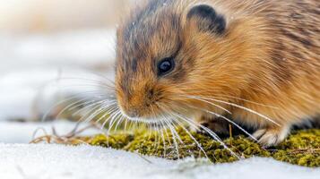 Close-Up Of A Lemming In Snowy Habitat. Lemming Exploring Winter Environment With Frosty Whiskers photo