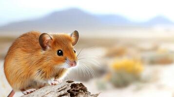 Desert Mouse On Driftwood With Blurred Mountain Background. Wildlife In Natural Habitat photo