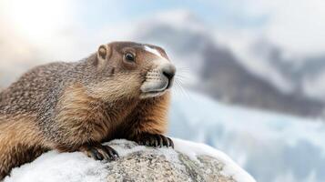 Marmot On Snowy Rock With Mountain Background. Wildlife In Natural Habitat photo