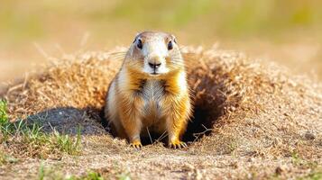 Prairie Dog Emerging From Burrow In Natural Habitat. Wildlife Observation And Animal Behavior Study photo