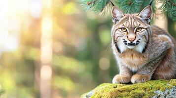 Lynx Resting On Moss-Covered Rock In Forest. Wild Cat In Natural Habitat photo