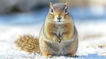 Squirrel Standing On Snow With Curious Expression. Wildlife In Winter Habitat photo