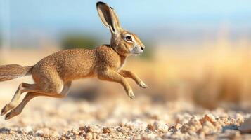 Running Hare In Desert Landscape. Symbol Of Speed And Agility In Natural Habitat photo