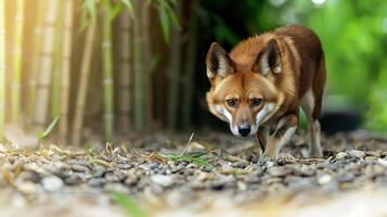 Wild Dhole In Natural Habitat Among Bamboo. Endangered Species In Asian Forests photo