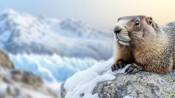 Marmot Resting On Snowy Rock With Blurred Mountain Background. Wildlife In Alpine Habitat photo