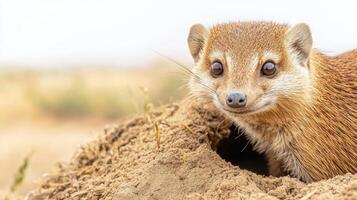 Mongoose Peeking From Burrow In Sandy Habitat. Wildlife In Natural Environment photo