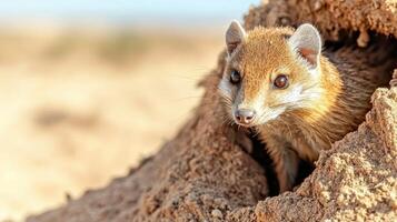 Mongoose Peeking Out Of Burrow In Desert Environment. Wildlife In Natural Habitat photo