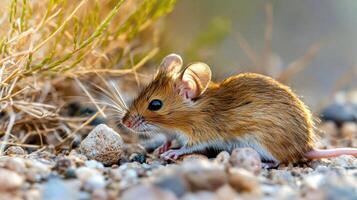 Mouse In Natural Habitat On Rocky Terrain. Wildlife And Nature Photography Capturing Small Rodent In Its Environment photo