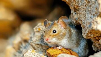 Mouse Peeking Out From Rocky Crevice. Wildlife In Natural Habitat photo