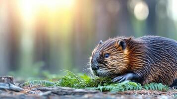 Beaver In Natural Forest Habitat With Sunlight. Wildlife Conservation And Ecosystem Balance photo