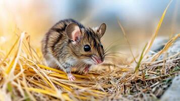 Mouse In Natural Habitat Among Dry Grass. Wildlife And Nature Photography Capturing Small Rodent In Its Environment photo