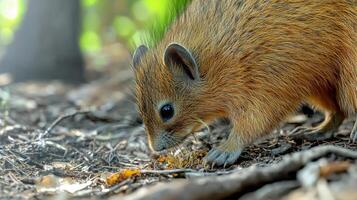 Close-Up Of A Small Rodent Foraging On Forest Floor. Wildlife In Natural Habitat photo