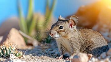 Desert Rodent In Natural Habitat With Sunlight. Wildlife Adaptation In Arid Environments photo