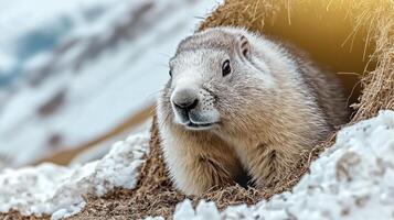 Marmot Emerging From Burrow In Snowy Landscape. Wildlife In Natural Habitat During Winter photo