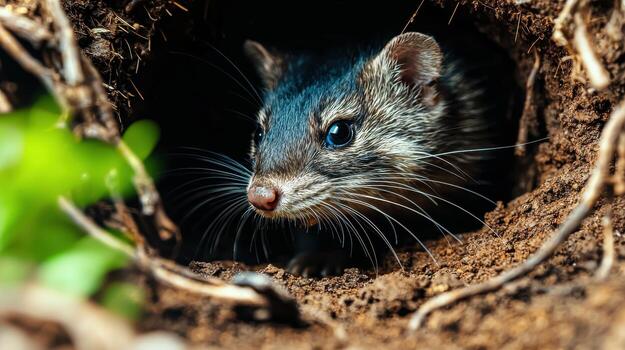 Close-Up Of A Mongoose Peeking Out From A Burrow. Wildlife Exploration And Natural Habitat photo