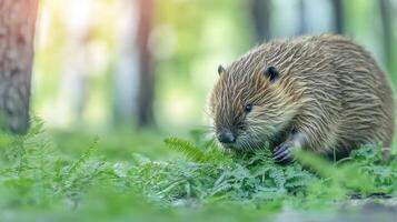 Beaver In Lush Green Forest Setting. Wildlife In Natural Habitat photo