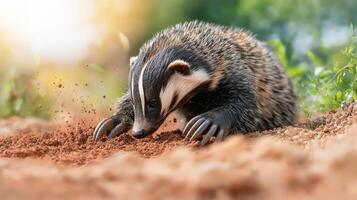 Badger Digging In The Soil With Sunlight In The Background. Wildlife Behavior And Natural Habitat Exploration photo