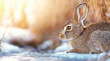 Rabbit In A Snowy Landscape With Warm Sunlight. Winter Wildlife Scene Capturing Nature'S Beauty photo