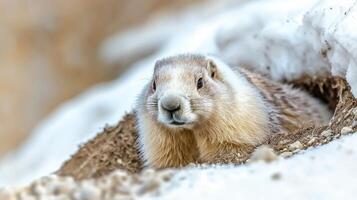 Groundhog Peeking Out From Snowy Burrow. Wildlife In Winter Habitat photo