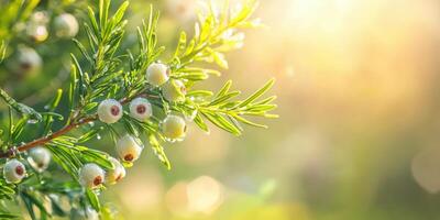 Branch With Dew-Covered Berries In Sunlight. Nature'S Morning Freshness And Tranquility photo