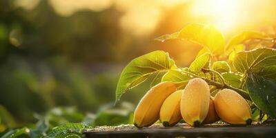Bananas With Dew On Leaves In Sunlit Garden. Freshness And Natural Beauty photo