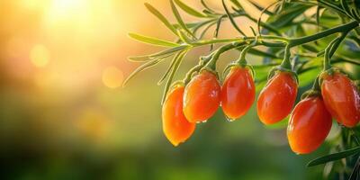 Goji Berries On A Branch With Morning Dew In Sunlight. Fresh And Healthy Superfood Concept photo