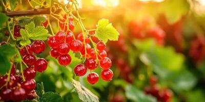 Red Currants On A Branch With Sunlight. Fresh Ripe Berries In A Garden Setting photo