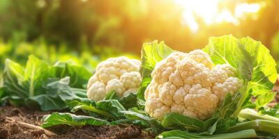 Cauliflower Heads In A Sunlit Garden. Fresh Organic Produce Ready For Harvest photo
