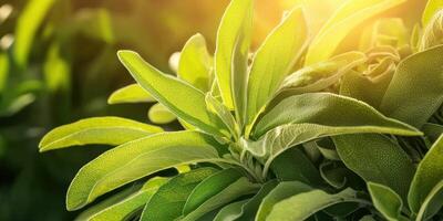Sage Plant Leaves In Sunlight. Fresh Green Sage Leaves Illuminated By Warm Sunlight, Symbolizing Natural Growth And Herbal Health Benefits photo