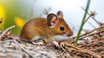 Close-Up Of A Brown Mouse In Natural Habitat. Small Rodent Exploring Its Environment photo
