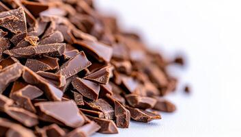 Dark chocolate pieces ready for baking. Chopped dark chocolate pieces are scattered on a surface, perfect for baking or making desserts in a kitchen setup. photo