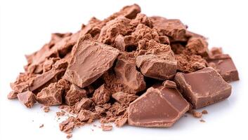 Chocolate ready for dessert. Chunks of dark chocolate are scattered on a white surface, perfect for baking or snacking on any occasion. photo