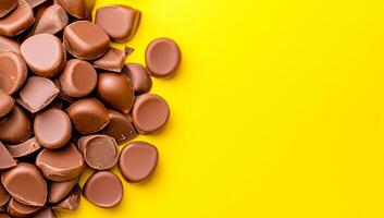 Chocolate on bright yellow. Smooth, round chocolate pieces lay scattered on a bright yellow surface, creating an inviting and playful display. photo