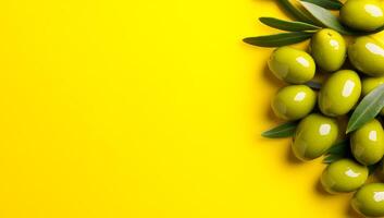 Fresh green olives surrounded by leaves. Green olives with a glossy finish arranged on a bright yellow background alongside olive leaves. photo