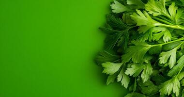 Fresh parsley on green. Bright green parsley leaves arranged neatly on a vivid green backdrop create a fresh and appealing culinary display. photo