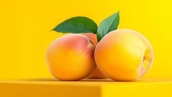 Peaches on yellow background. Two ripe peaches with a green leaf rest on a yellow surface, showcasing their bright color and juicy appearance. photo