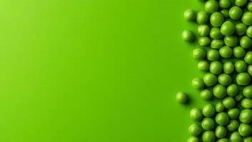 Fresh green peas on a vibrant background. Bright green peas cluster on a smooth surface, showcasing their natural color and texture in a simple arrangement. photo