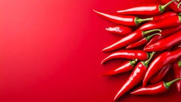 Attractive fresh red chilies. Fresh red chili peppers shine brightly against a bold red background, showcasing their vibrant colors. photo