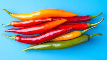 Vibrant mix of fresh chilies. A variety of vibrant chili peppers is arranged on a bright blue background showcasing their colors and shapes. photo