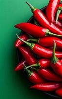 Vibrant red chilies on green background. Fresh red chilies arranged in a dark bowl against a bright green backdrop, showcasing their vivid color and texture. photo