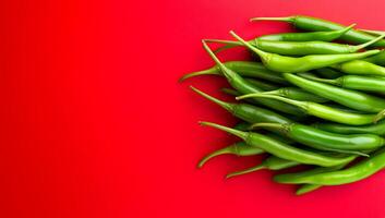 Green chilies, red backdrop. A bunch of fresh green chilies arranged on a bright red surface, showcasing their vivid color contrast and texture. photo