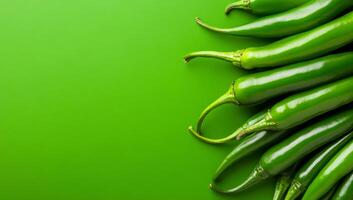 Green chilies on bright backdrop. A diagonal array of fresh green chilies on a vibrant green background highlighting their glossy texture. photo