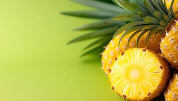Fresh pineapple and green leaves display. Bright yellow pineapple slices are arranged with vibrant green leaves, showcasing a tropical and refreshing look. photo