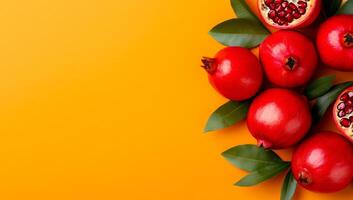 Pomegranates on bright backdrop. Shiny red pomegranates and green leaves pop against a vivid yellow background. photo