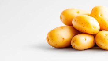 Yellow potatoes on white background. A cluster of fresh yellow potatoes rests on a clean white surface, showcasing their smooth texture and earthy tones. photo