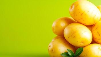 Bright yellow potatoes. A pile of yellow potatoes rests against a vibrant green backdrop, showcasing their smooth texture and earthy color. photo